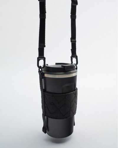 Coffee thermos with crossbody strap
